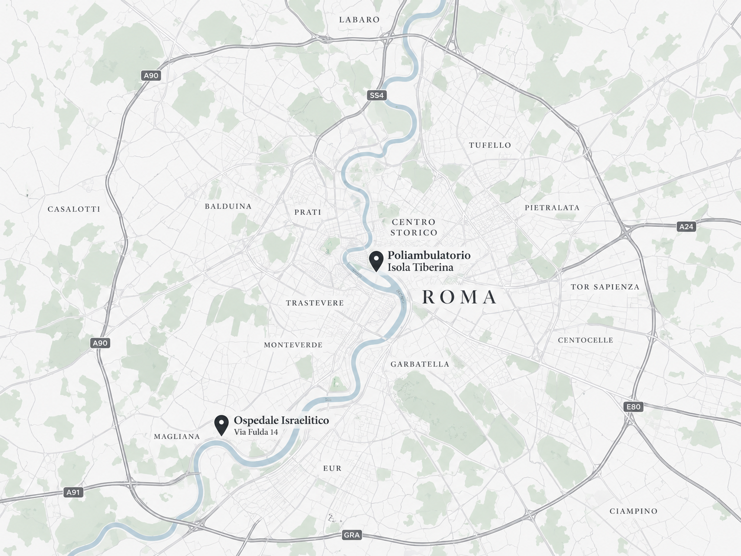 Mappa illustrativa di Roma con le sedi Ospedale Israelitico in Via Fulda 14 e Poliambulatorio Isola Tiberina